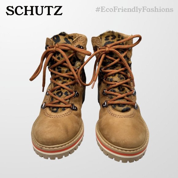 Schutz Keida Womens Brown Lug Sole Leopard Calf Hair Trim Hiking Boots Size 6.5B - Picture 2 of 7